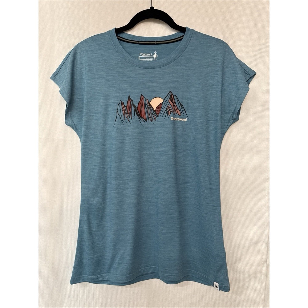 Smartwool Women's Merino Sport 150 T-Shirt Size M Teal Blue Wool Mountains Sun